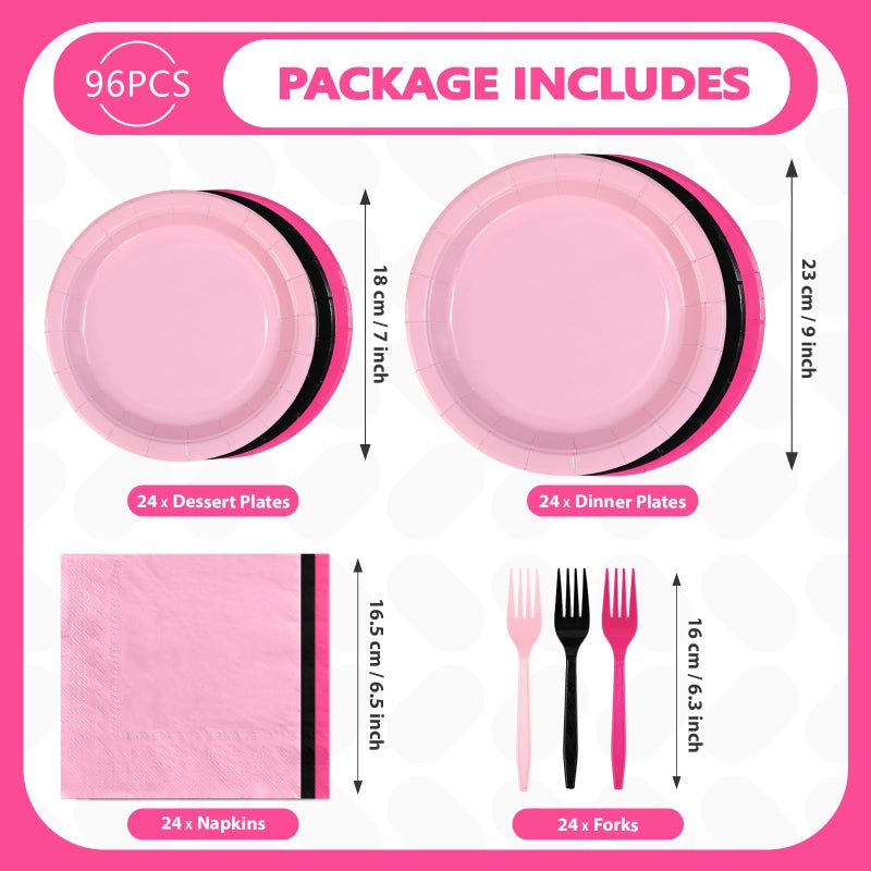 Grencian 96 Pcs Pink and Black Birthday Decorations Hot Pink Party Plates and Napkins Disposable Heavy Duty Pink and Black Tableware Set for Girls Women Birthday Bridal Shower Wedding Party Decor - Image 5